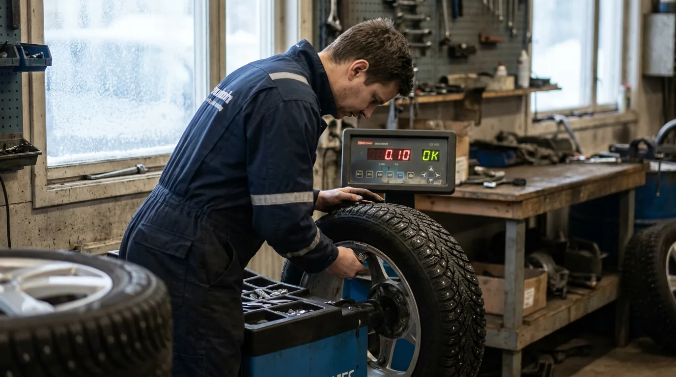 Verkstadstekniker balanserar dubbdäck på digital balanseringsmaskin